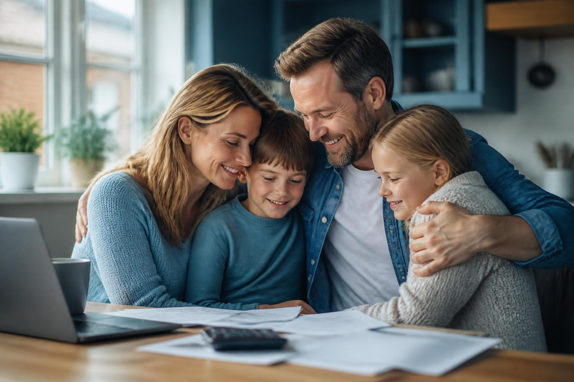 A relieved family sitting together at their kitchen table, smiling after receiving financial help